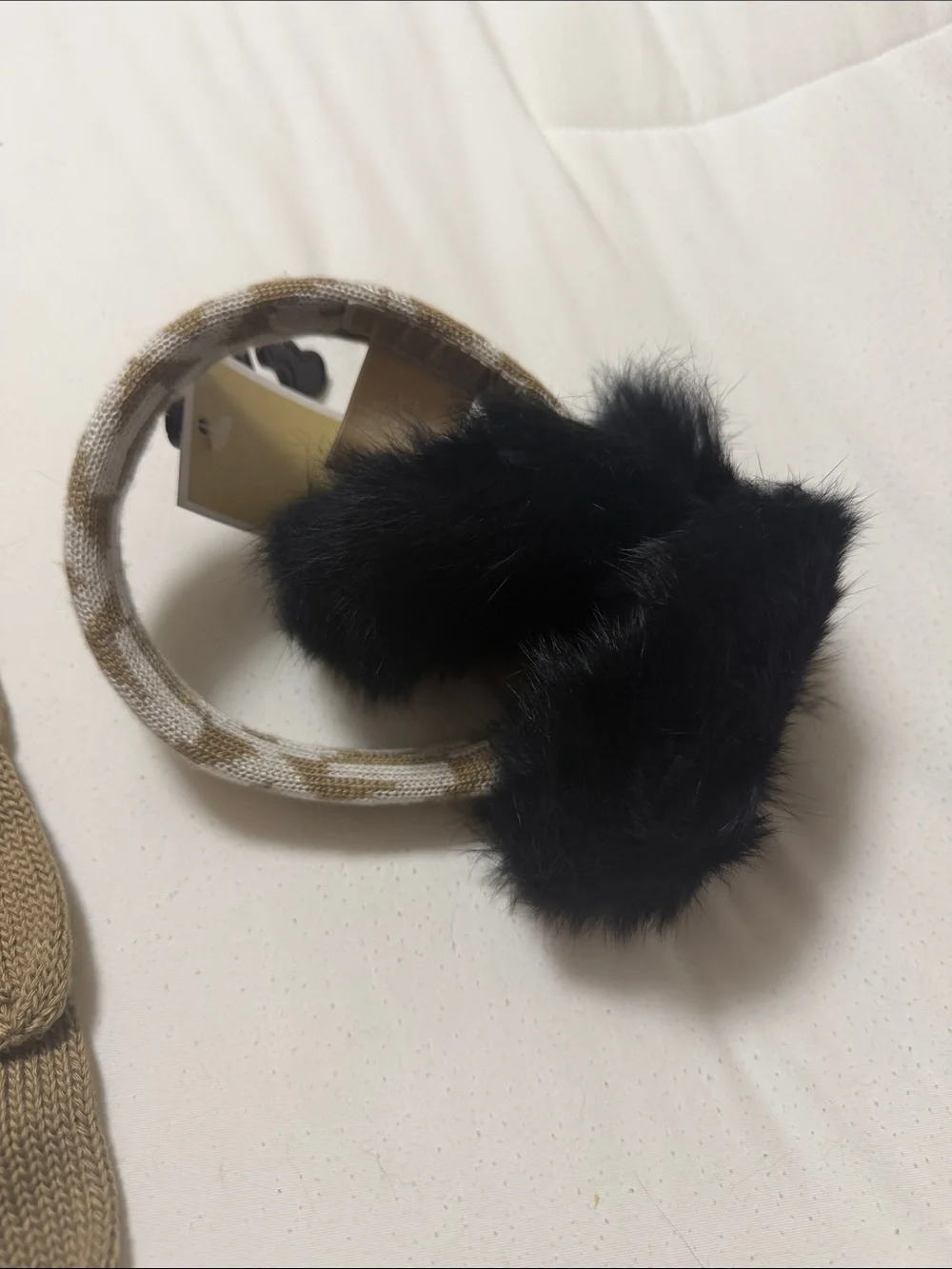 Michael Kors Tan Knit Gloves with Black Faux Fur Ear Warmer